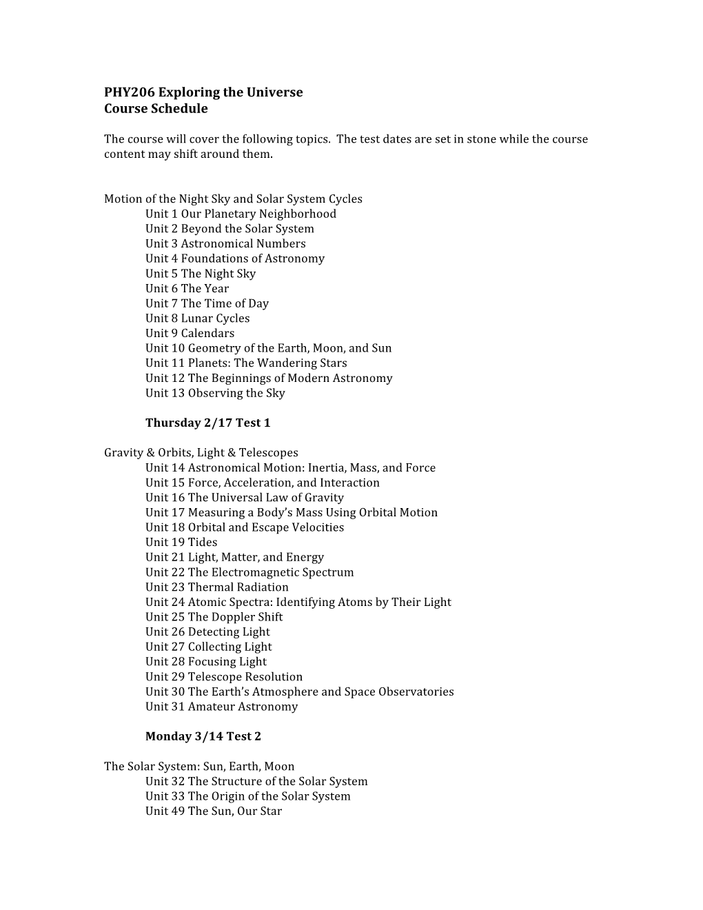 PHY206 Exploring the Universe Course Schedule