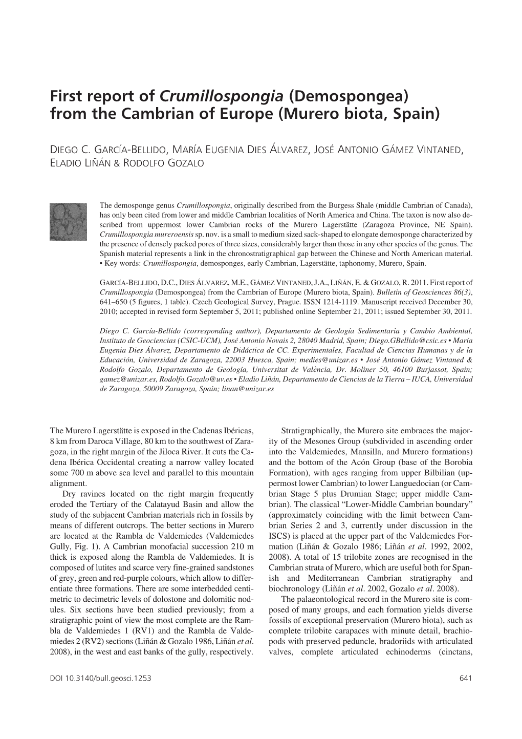 First Report of Crumillospongia (Demospongea) from the Cambrian of Europe (Murero Biota, Spain)
