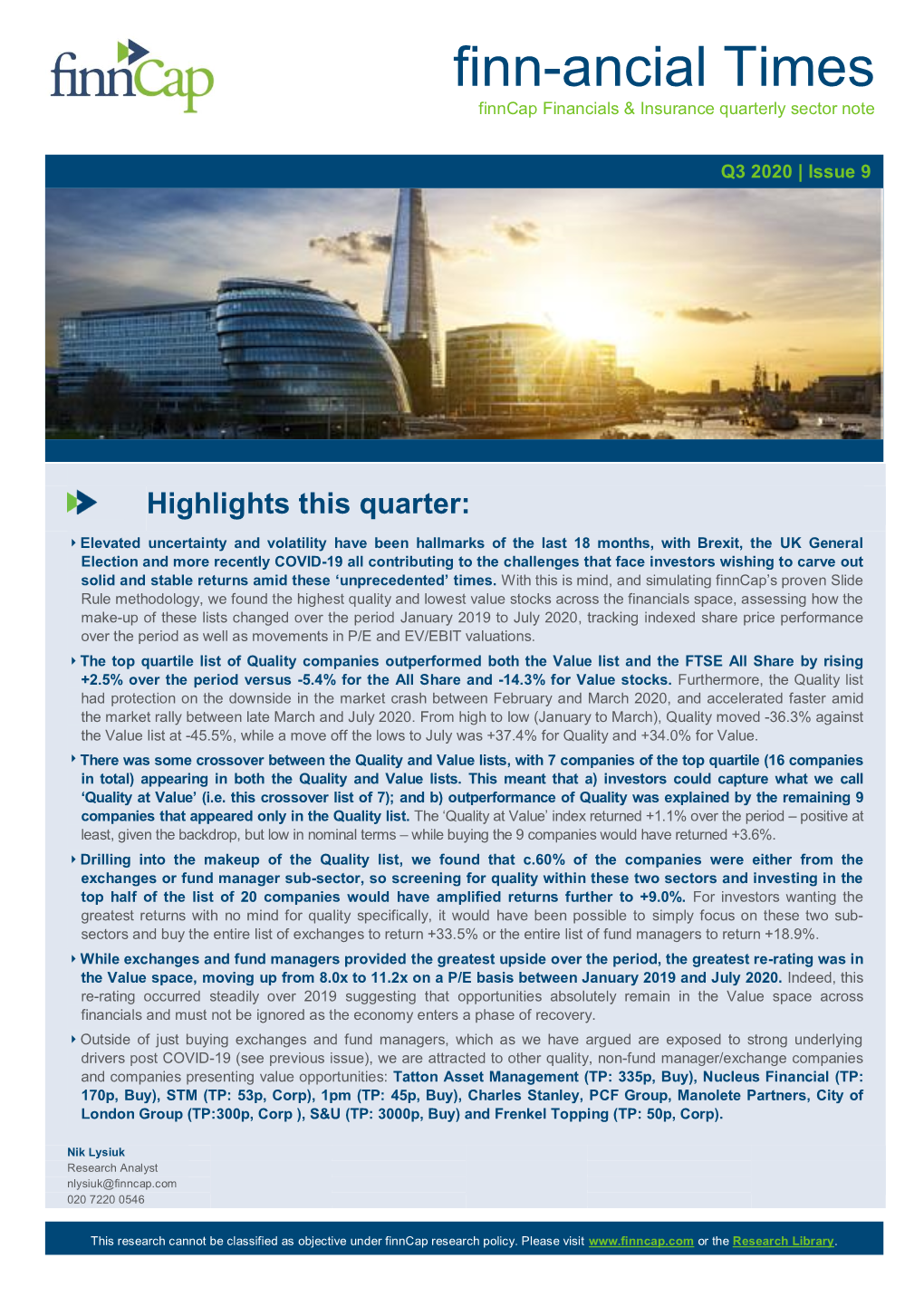 Finn-Ancial Times Finncap Financials & Insurance Quarterly Sector Note