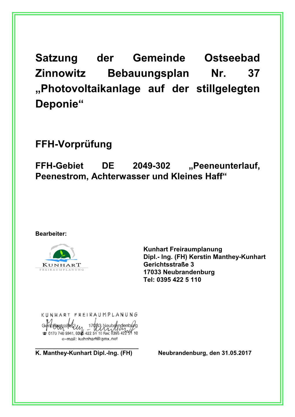 Satzung Der Gemeinde Ostseebad Zinnowitz Bebauungsplan Nr