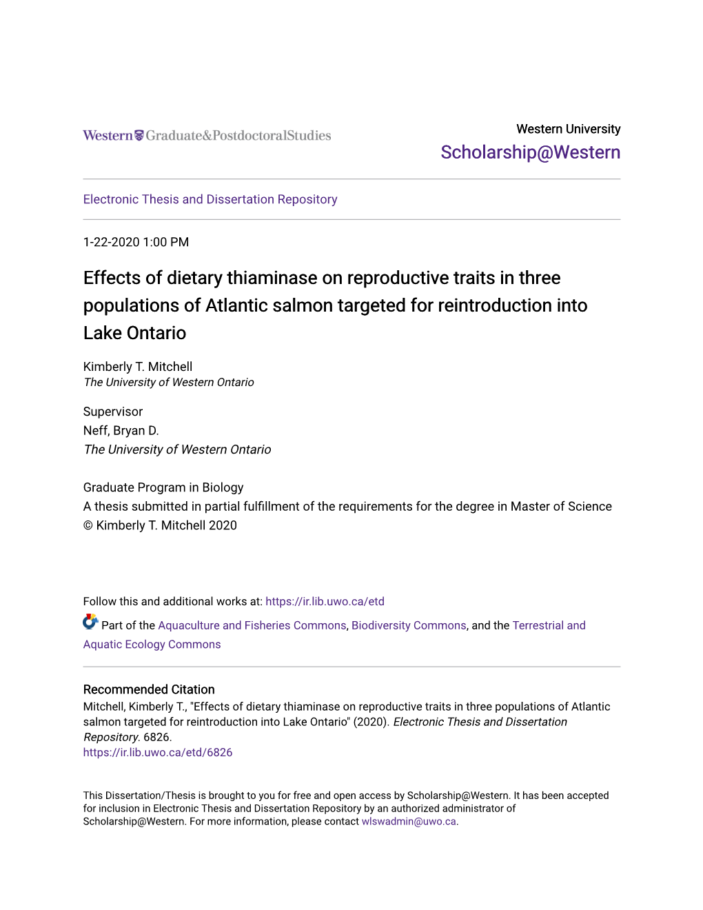 Effects of Dietary Thiaminase on Reproductive Traits in Three Populations of Atlantic Salmon Targeted for Reintroduction Into Lake Ontario