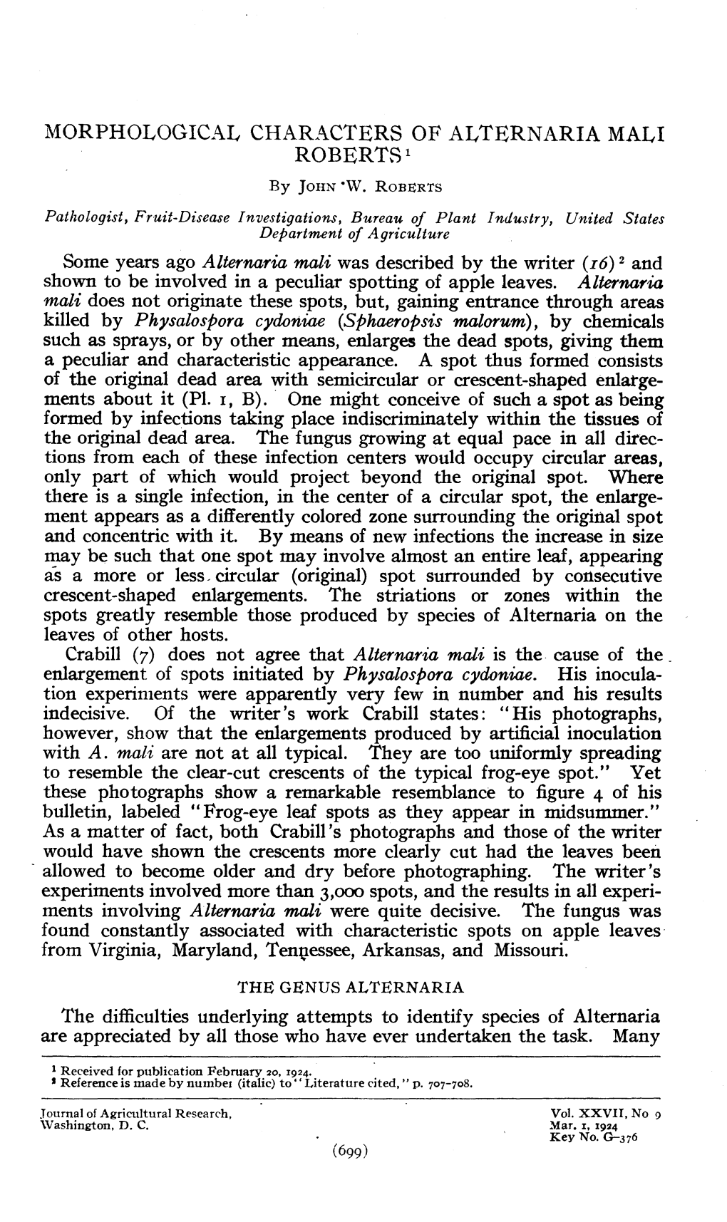 Morphological Characters of Alternaria Mali Roberts1