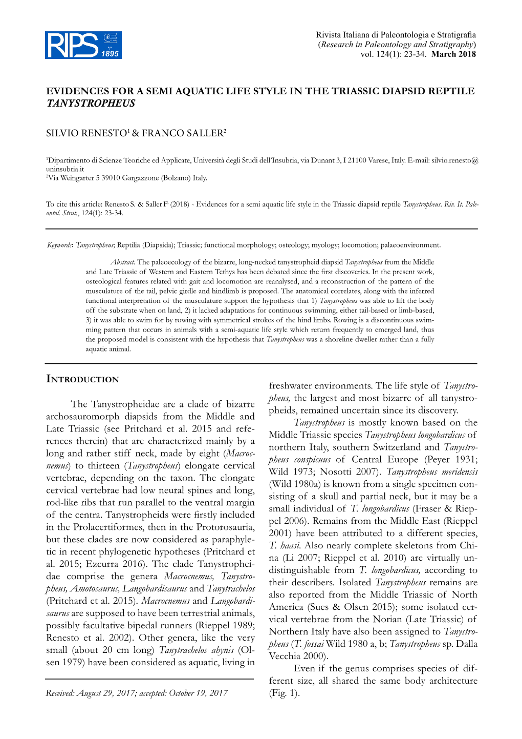 Evidences for a Semi Aquatic Life Style in the Triassic Diapsid Reptile Tanystropheus