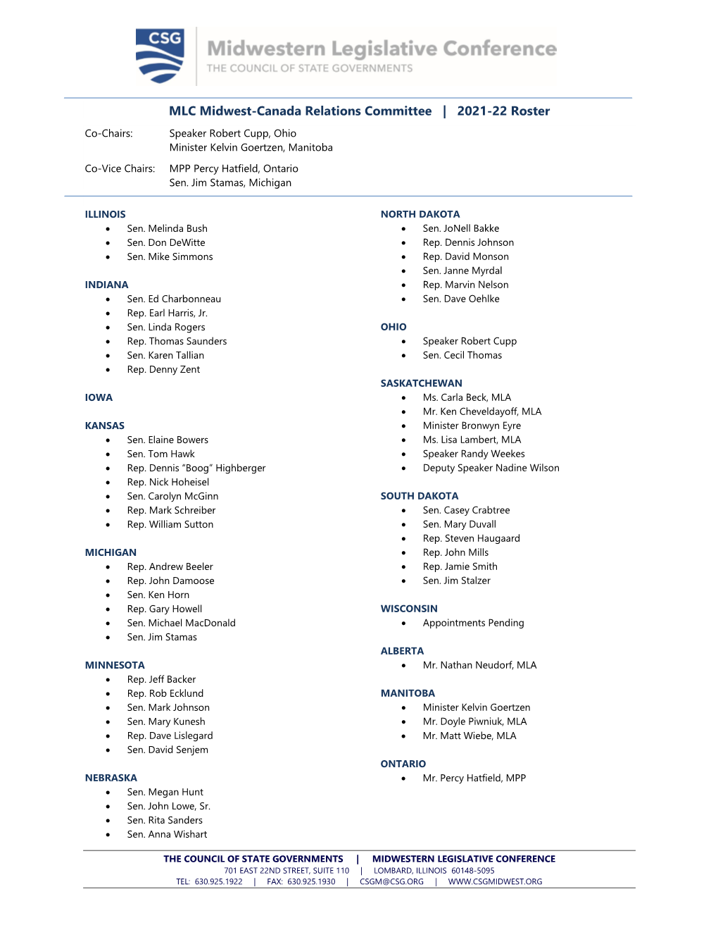 MLC Midwest-Canada Relations Committee | 2021-22 Roster