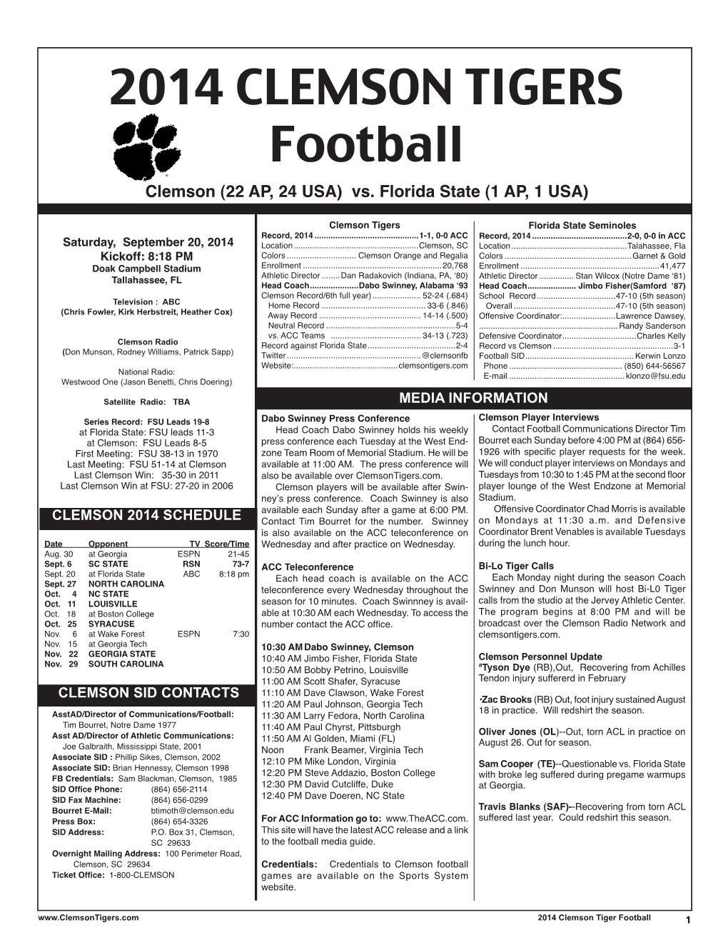 2014 CLEMSON TIGERS Football Clemson (22 AP, 24 USA) Vs