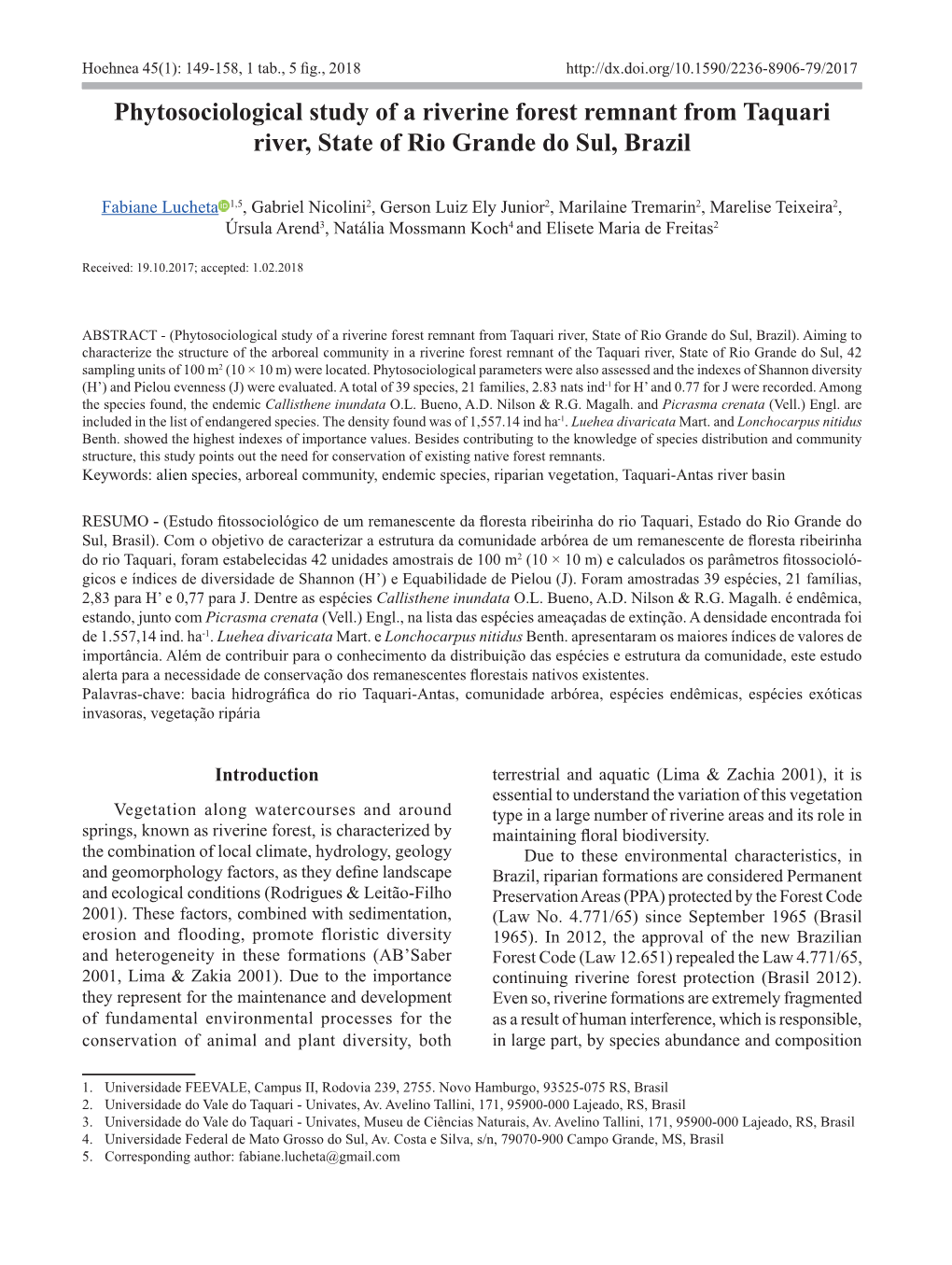 Phytosociological Study of a Riverine Forest Remnant from Taquari River, State of Rio Grande Do Sul, Brazil