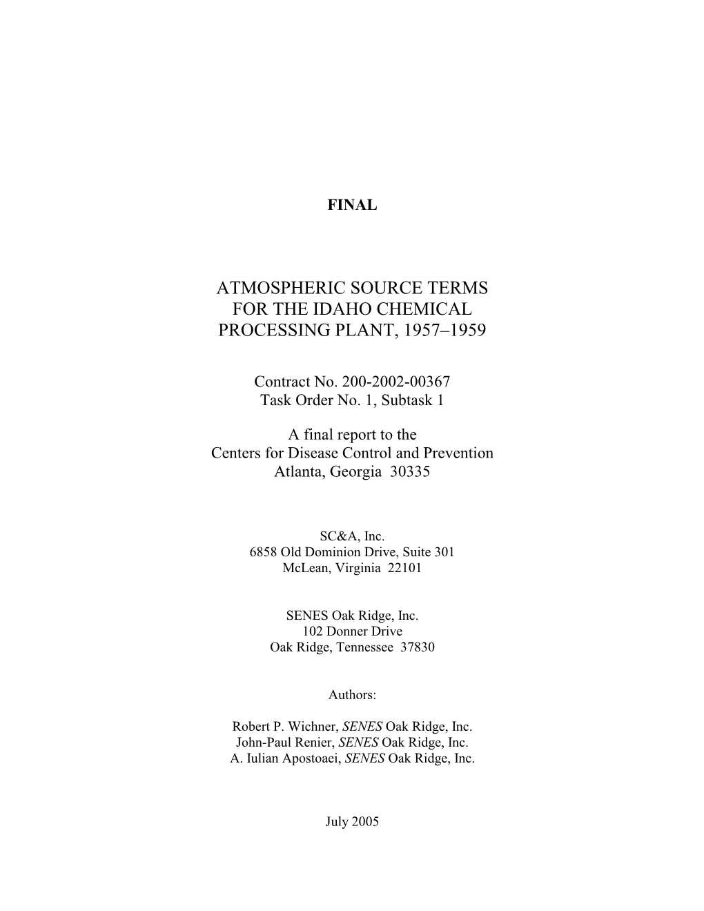 Atmospheric Source Terms for the Idaho Chemical Processing Plant, 1957 – 1959