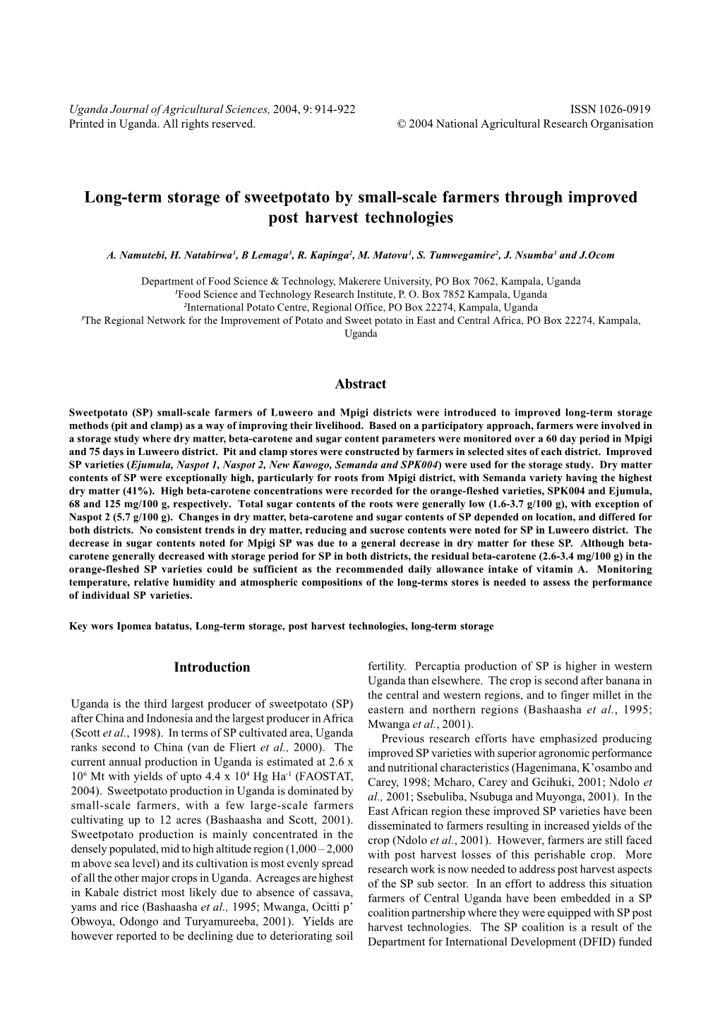 Long-Term Storage of Sweetpotato by Small-Scale Farmers Through Improved Post Harvest Technologies