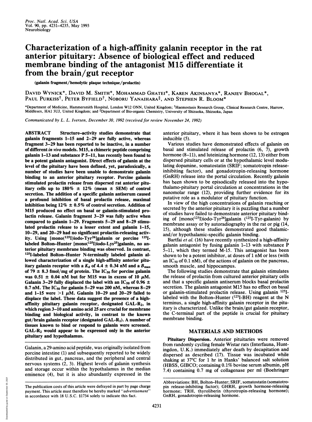 Characterization of a High-Affinity Galanin Receptor in the Rat