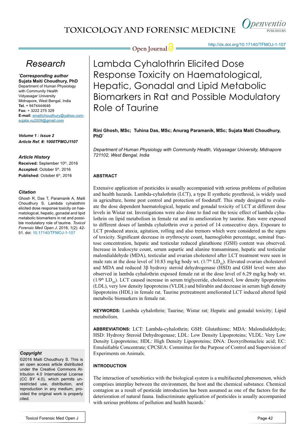 Lambda Cyhalothrin Elicited Dose Response Toxicity On