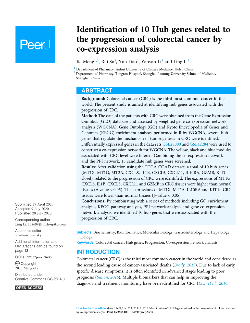 Identification of 10 Hub Genes Related to the Progression of Colorectal