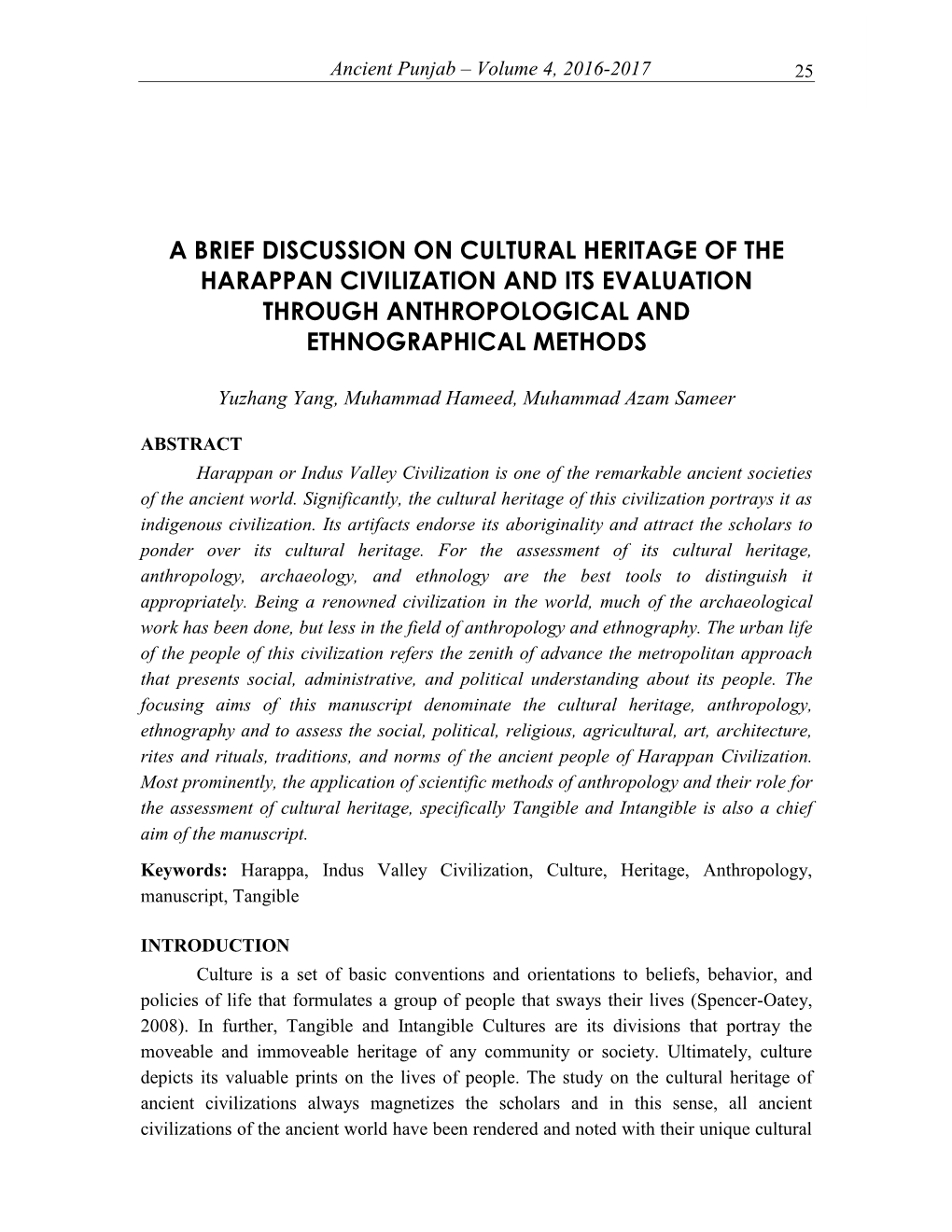 A Brief Discussion on Cultural Heritage of the Harappan Civilization and Its Evaluation Through Anthropological and Ethnographical Methods