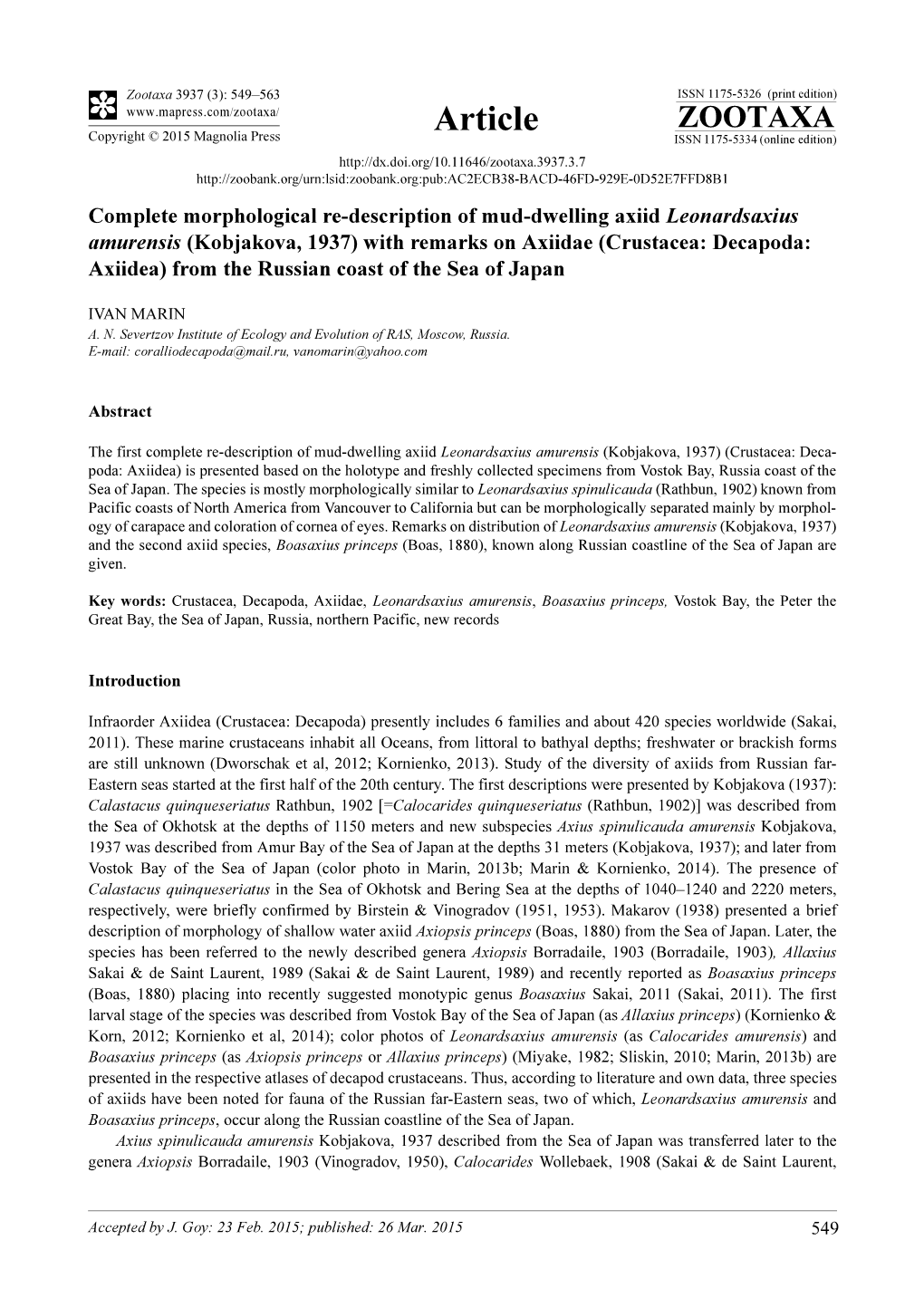 Complete Morphological Re-Description of Mud-Dwelling Axiid