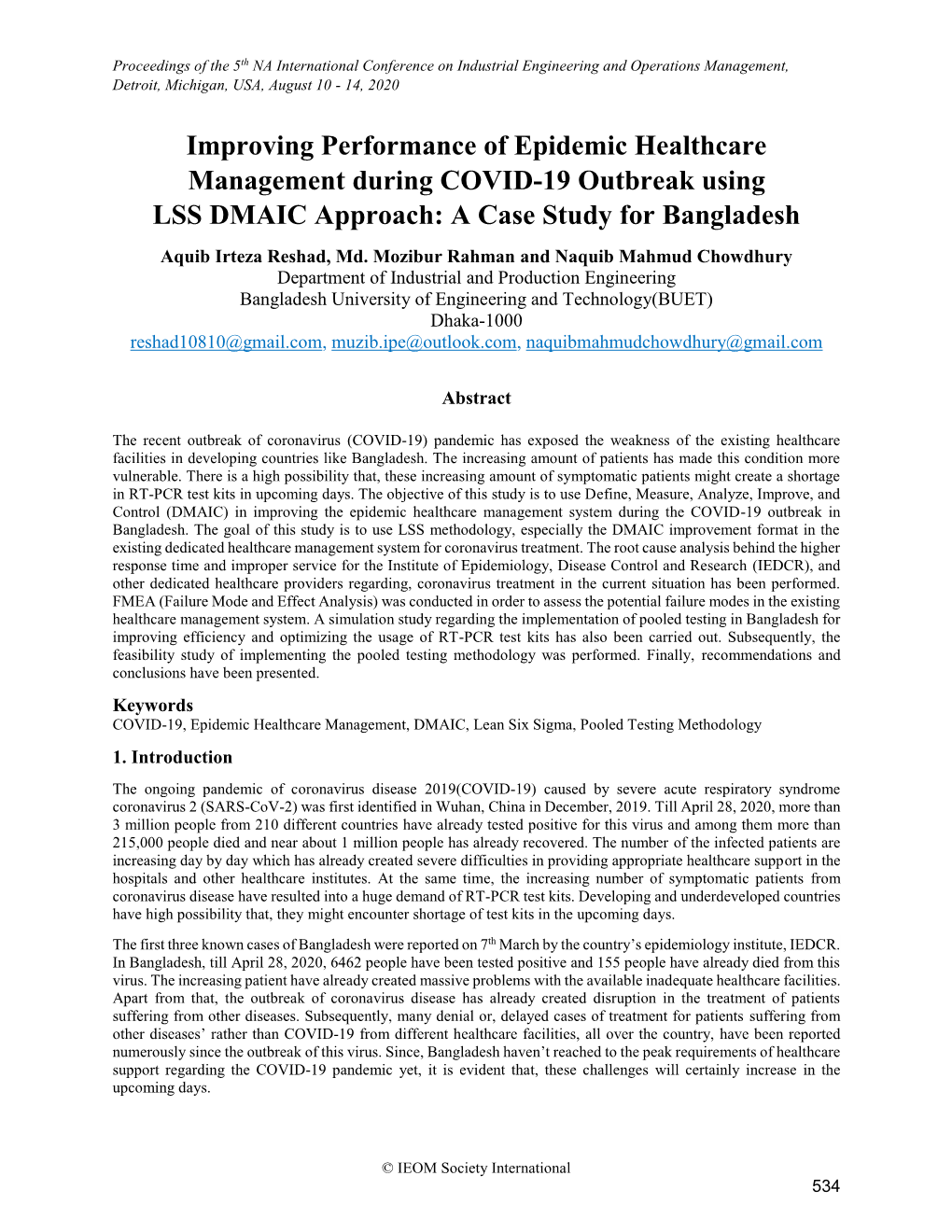 Improving Performance of Epidemic Healthcare Management During COVID-19 Outbreak Using LSS DMAIC Approach: a Case Study for Bangladesh Aquib Irteza Reshad, Md