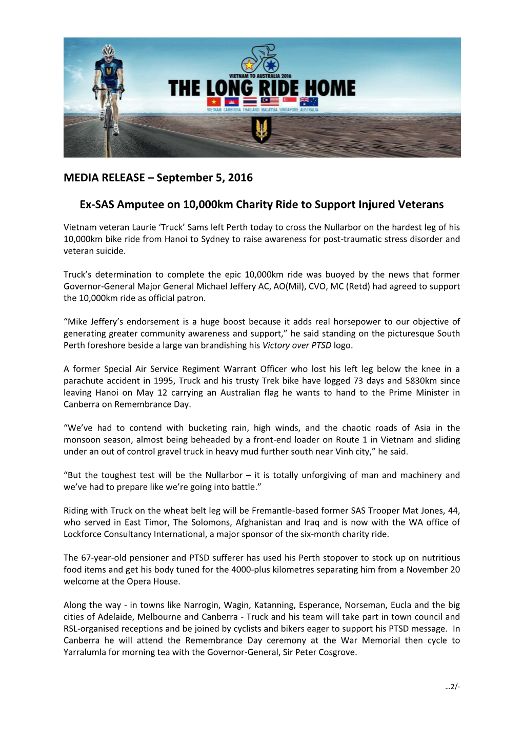 MEDIA RELEASE – September 5, 2016 Ex-SAS Amputee on 10,000Km Charity Ride to Support Injured Veterans