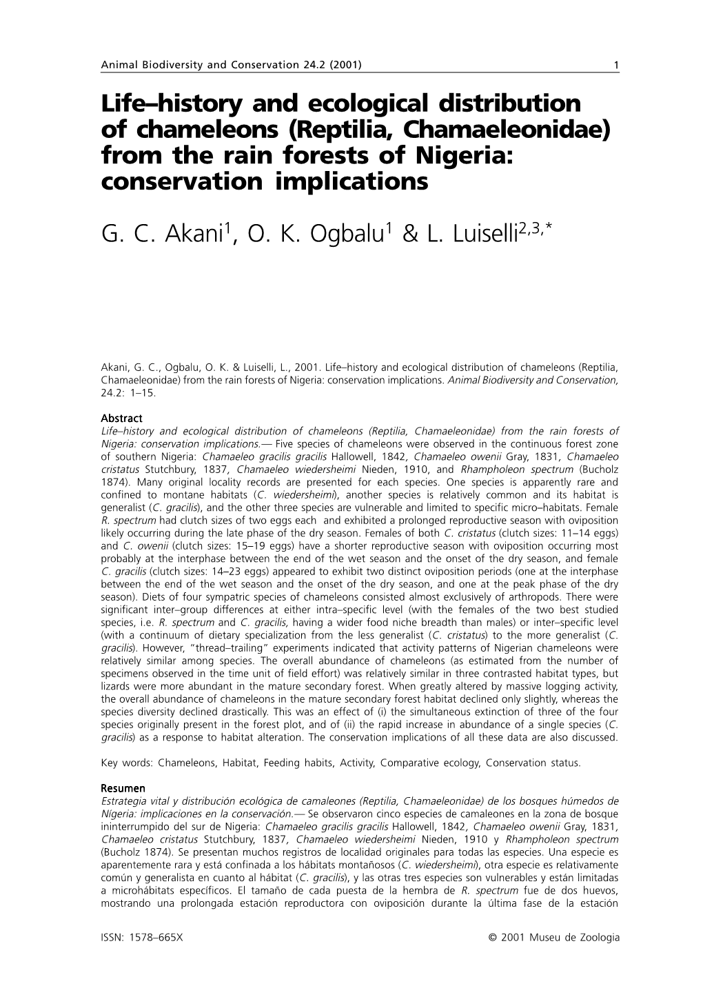 Life–History and Ecological Distribution of Chameleons (Reptilia, Chamaeleonidae) from the Rain Forests of Nigeria: Conservation Implications