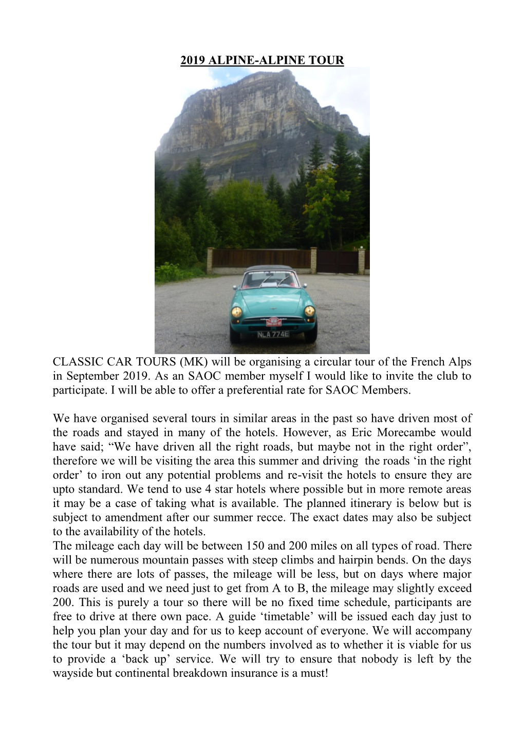 2019 ALPINE-ALPINE TOUR CLASSIC CAR TOURS (MK) Will Be