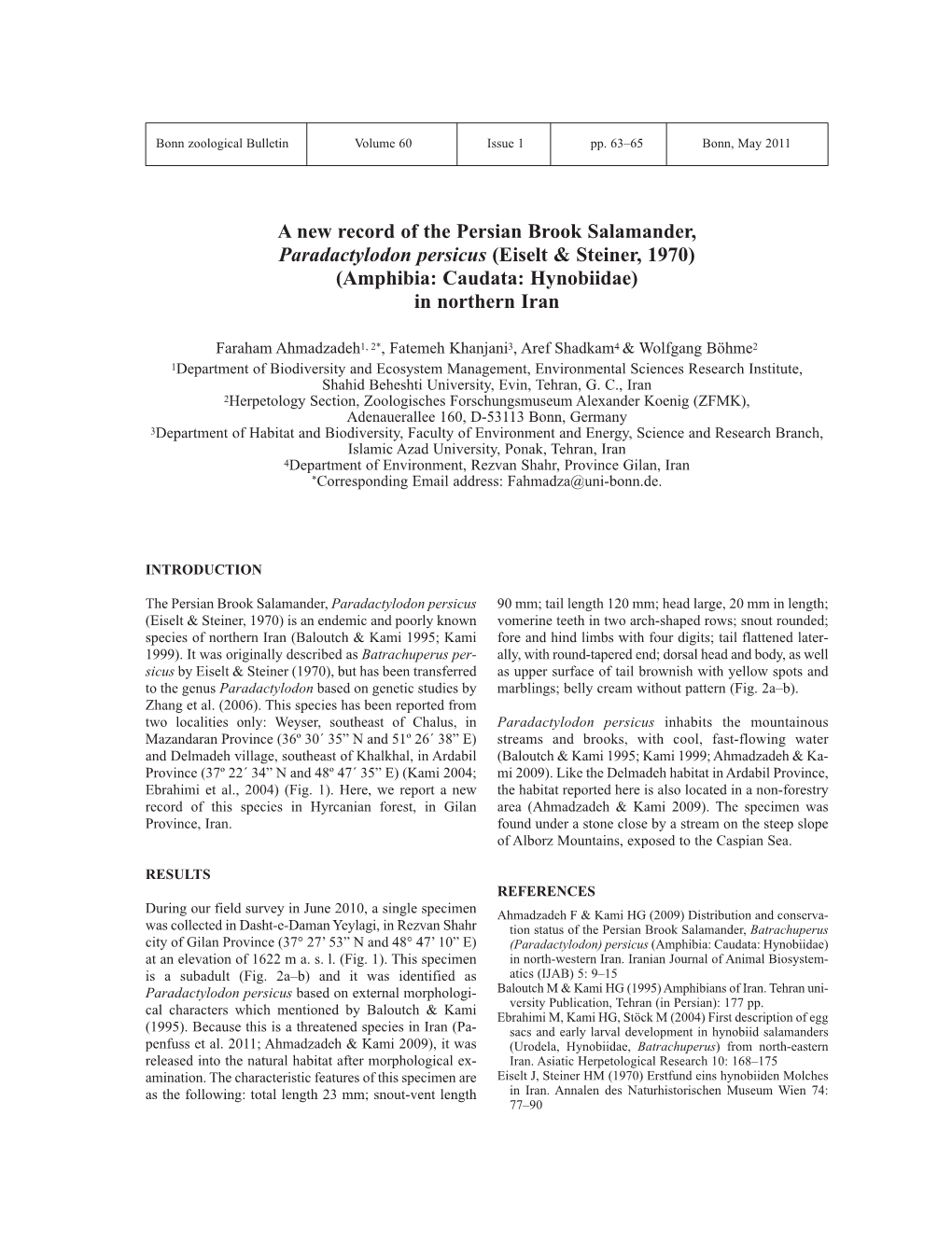 A New Record of the Persian Brook Salamander, Paradactylodon Persicus (Eiselt & Steiner, 1970) (Amphibia: Caudata: Hynobiidae) in Northern Iran