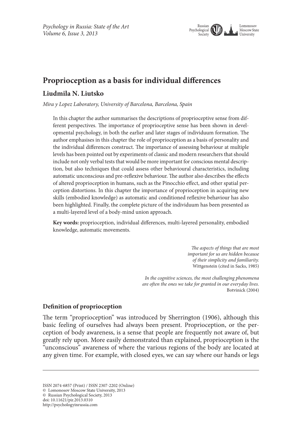 Proprioception As a Basis for Individual Differences Liudmila N