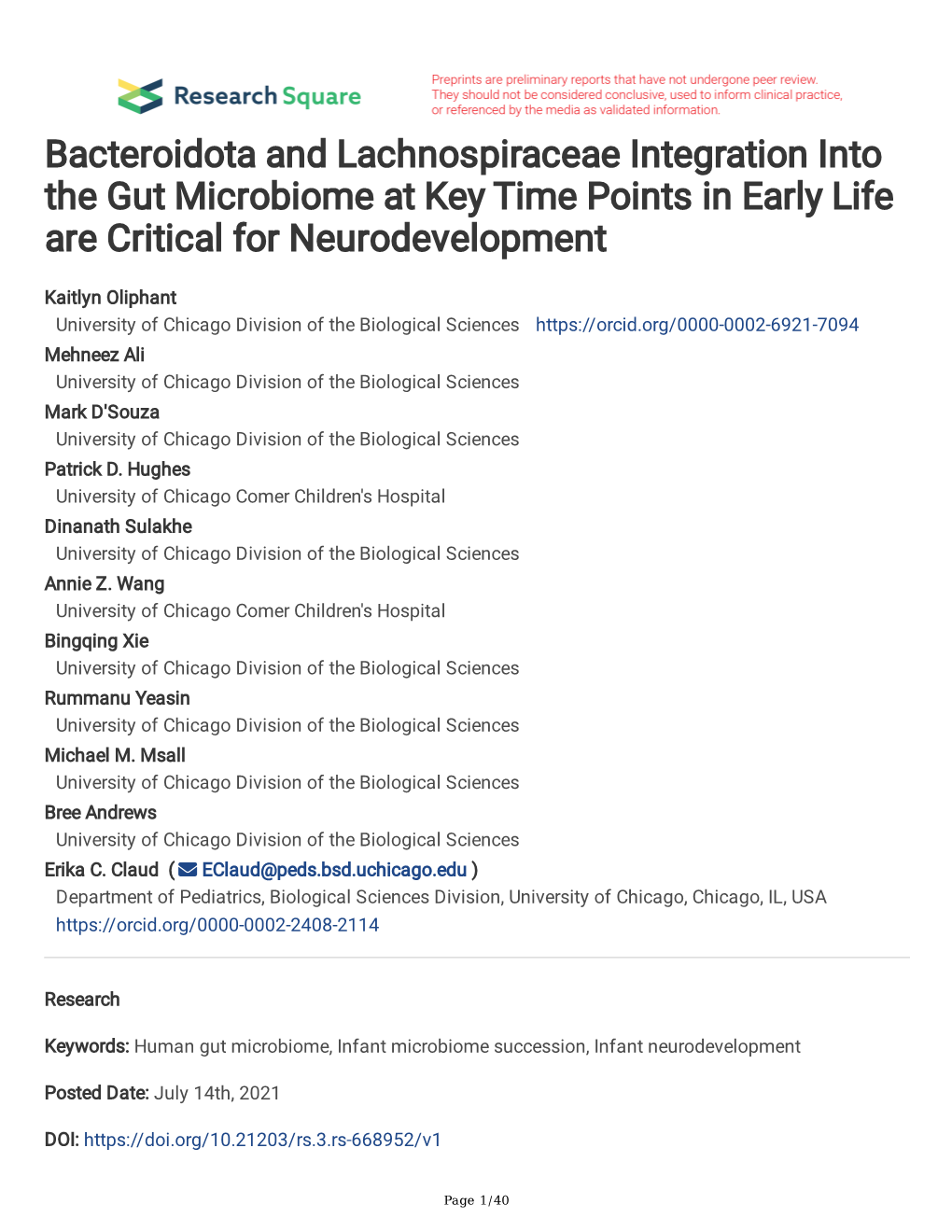 Bacteroidota and Lachnospiraceae Integration Into the Gut Microbiome at Key Time Points in Early Life Are Critical for Neurodevelopment
