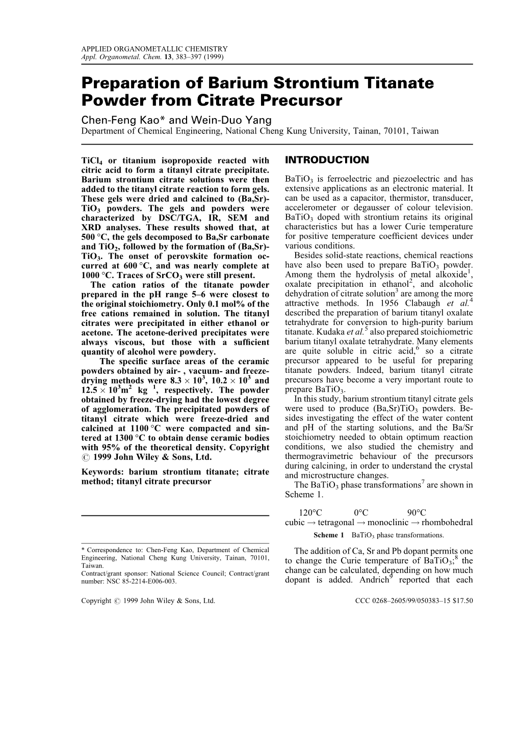 Preparation of Barium Strontium Titanate Powder from Citrate