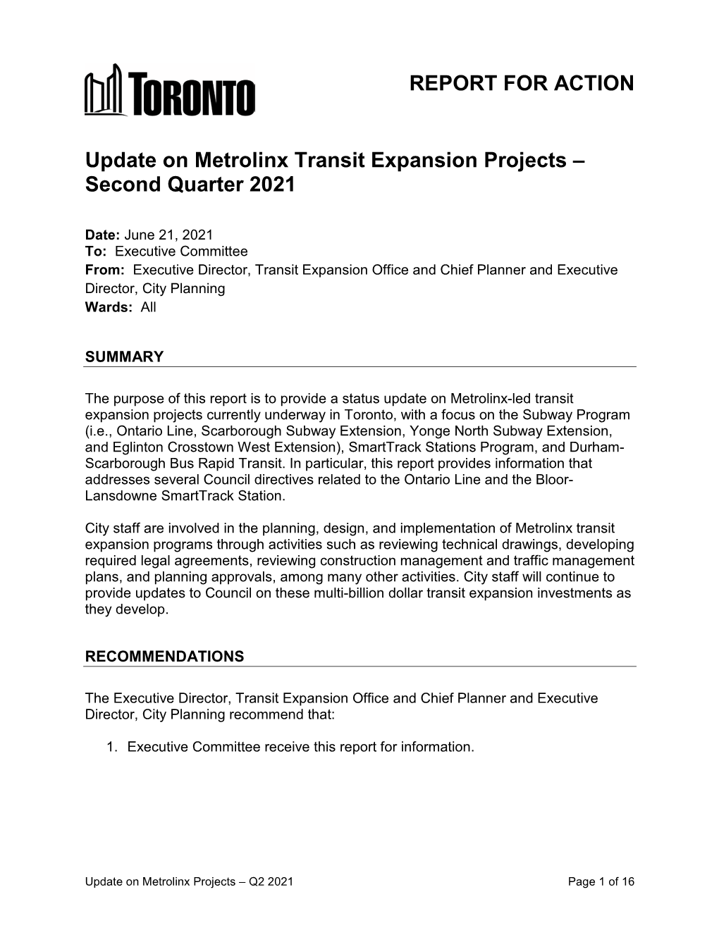 Update on Metrolinx Transit Expansion Projects – Second Quarter 2021