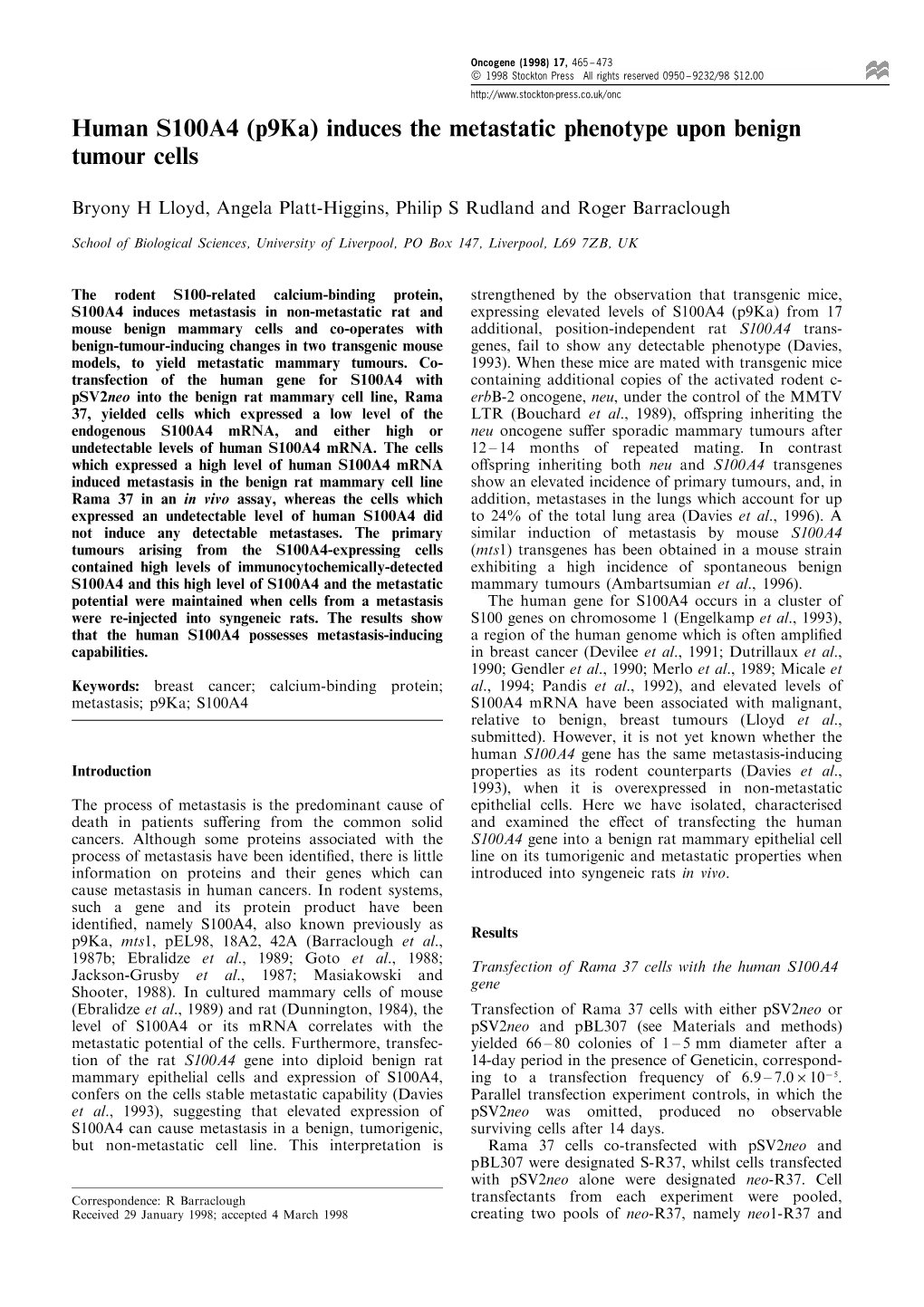 Human S100A4 (P9ka) Induces the Metastatic Phenotype Upon Benign Tumour Cells