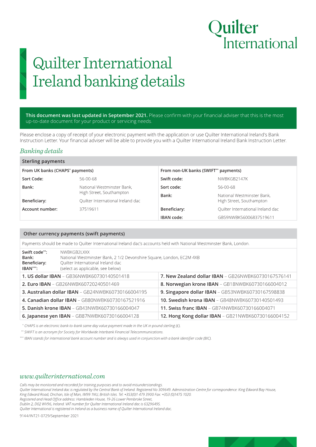 Quilter International Ireland Banking Details