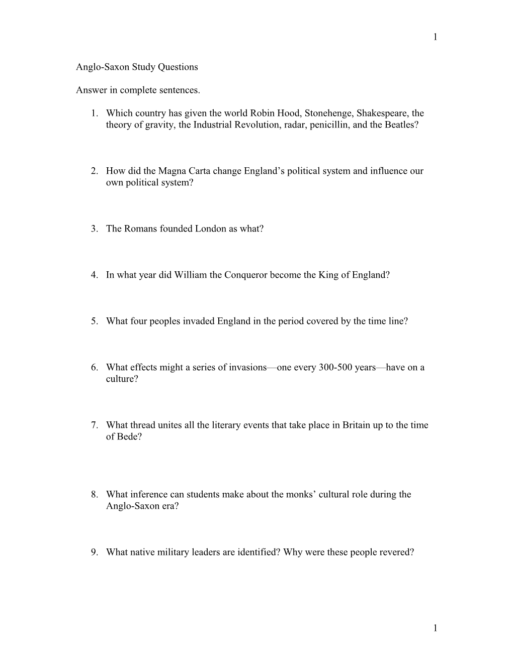 Anglo-Saxon Study Questions