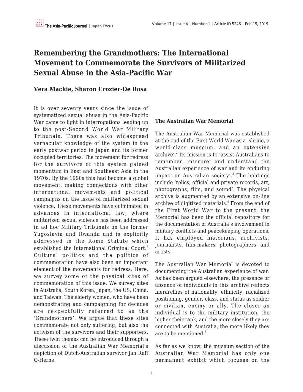 Remembering the Grandmothers: the International Movement to Commemorate the Survivors of Militarized Sexual Abuse in the Asia-Pacific War