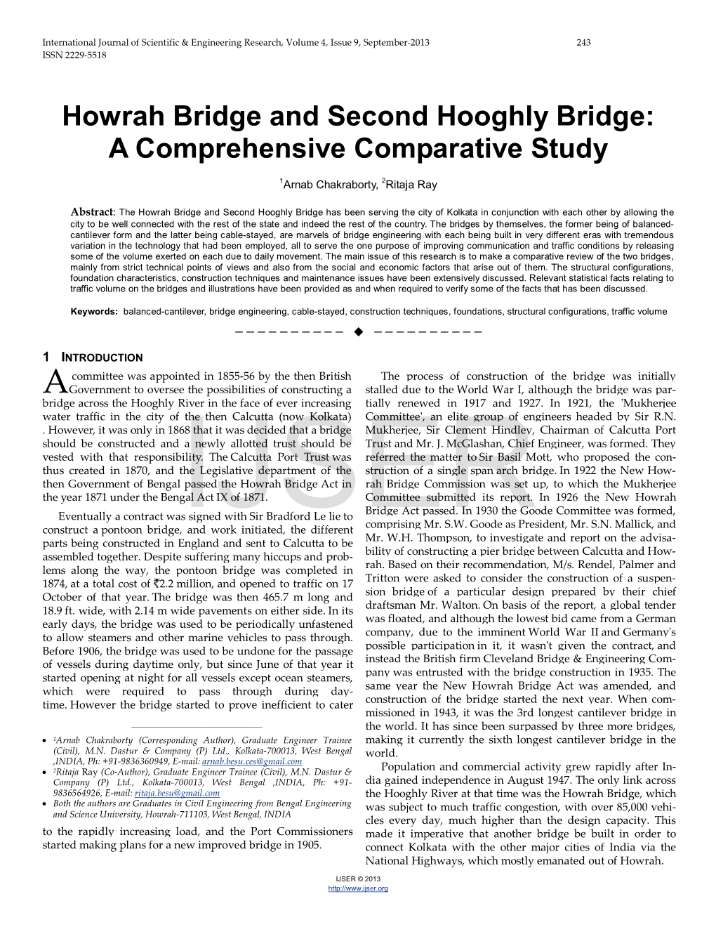 Howrah Bridge and Second Hooghly Bridge: a Comprehensive Comparative Study