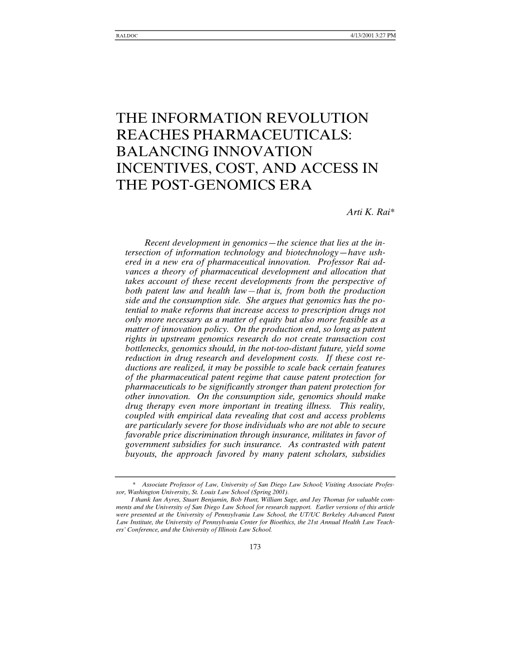 The Information Revolution Reaches Pharmaceuticals: Balancing Innovation Incentives, Cost, and Access in the Post-Genomics Era