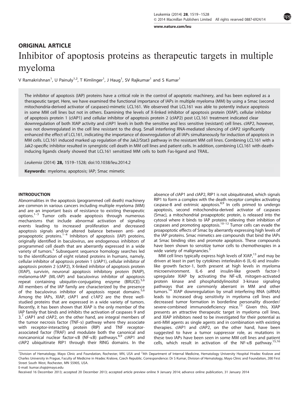 Inhibitor of Apoptosis Proteins As Therapeutic Targets in Multiple Myeloma