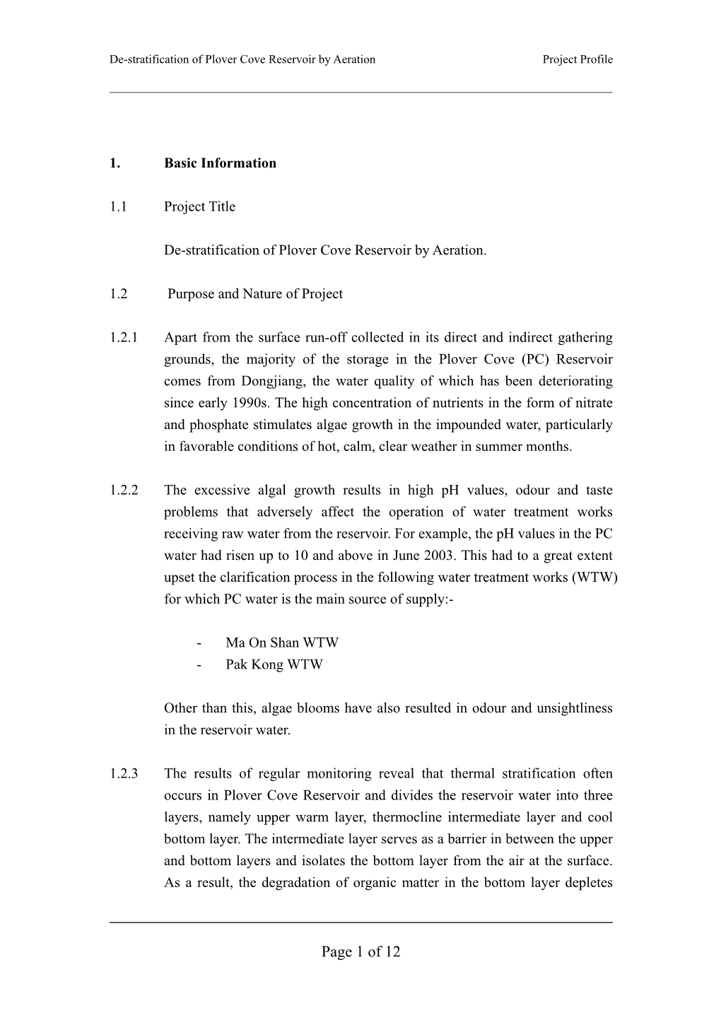 Page 1 of 12 De-Stratification of Plover Cove Reservoir by Aeration Project Profile