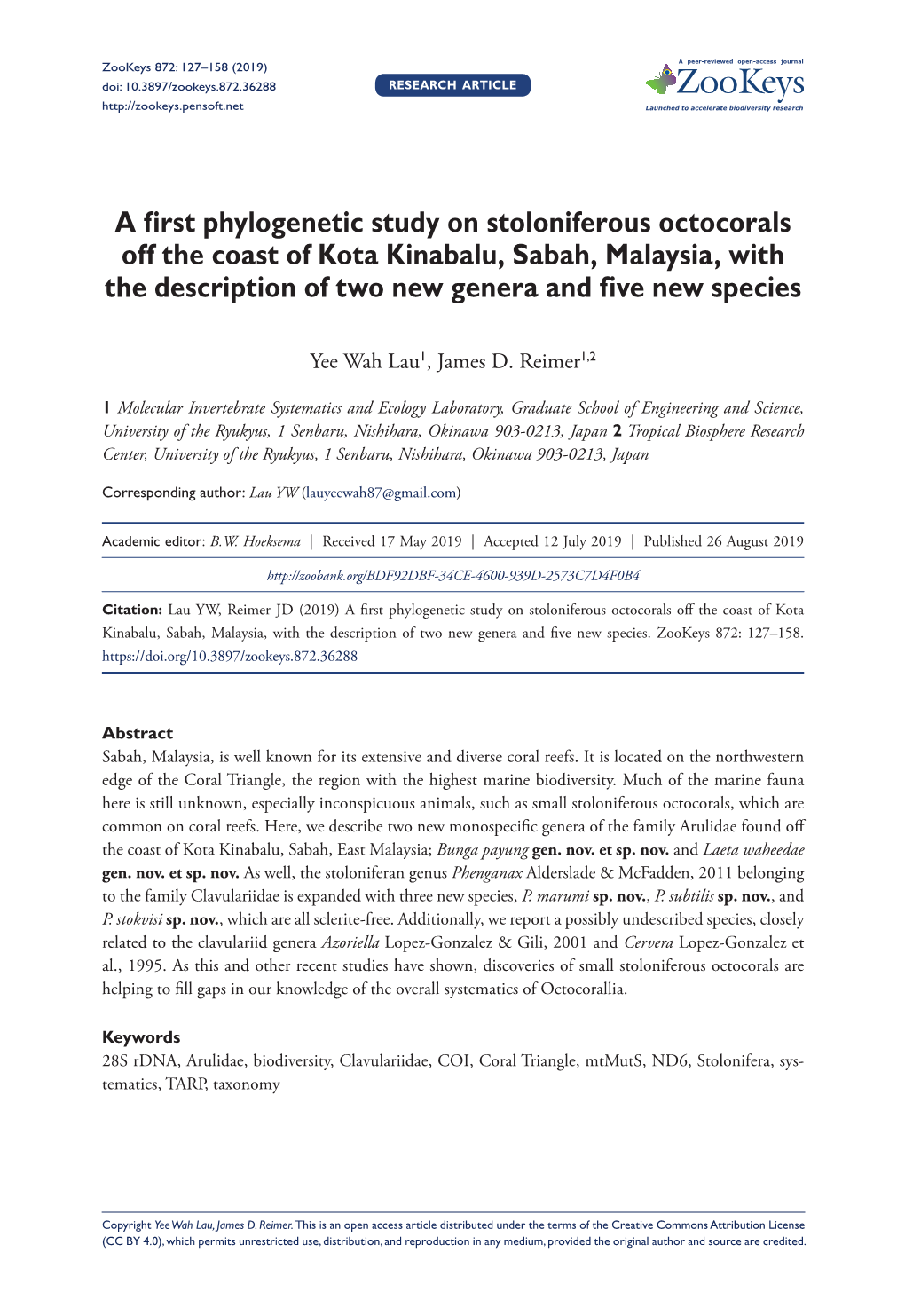 A First Phylogenetic Study on Stoloniferous Octocorals Off the Coast of Kota Kinabalu, Sabah, Malaysia, with the Description of Two New Genera and Five New Species