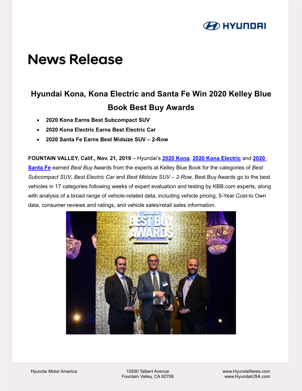 Hyundai Kona, Kona Electric and Santa Fe Win 2020 Kelley Blue Book Best Buy Awards