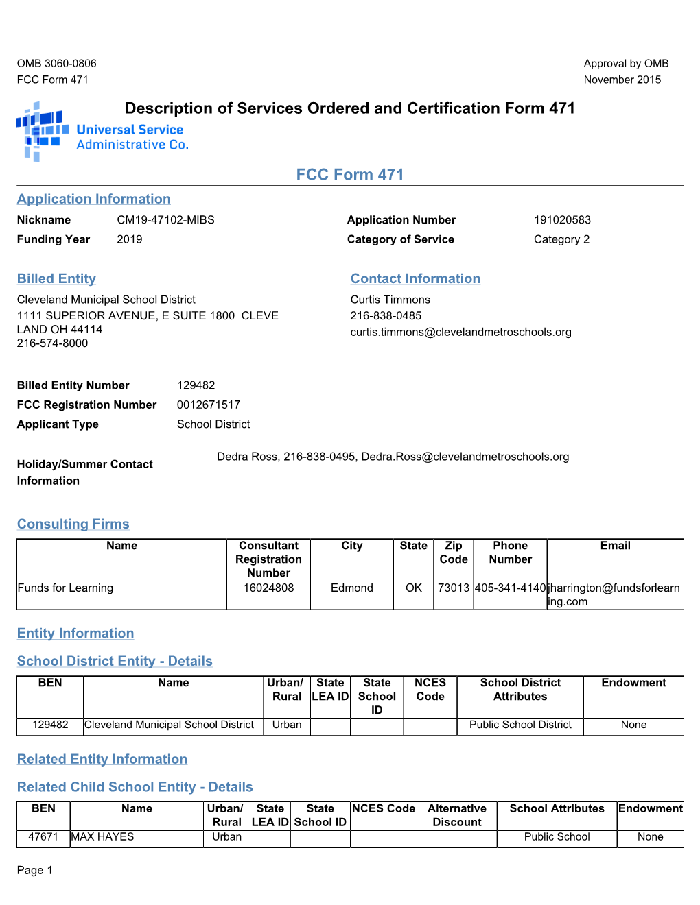 Description of Services Ordered and Certification Form 471 FCC Form