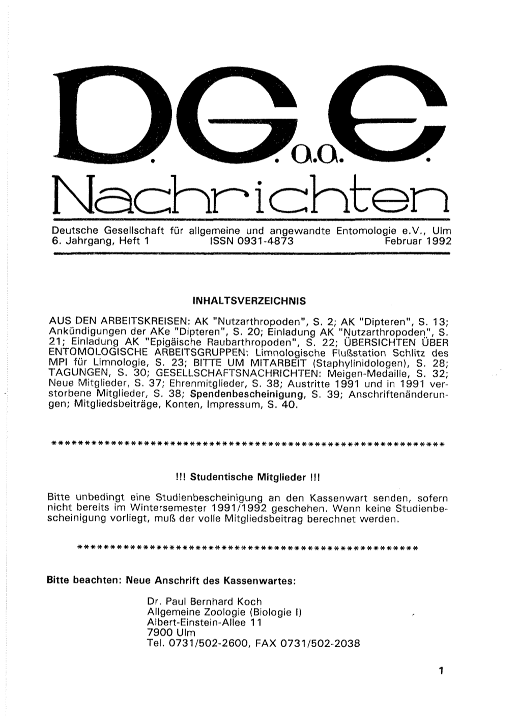 I Ohten Deutsche Gesellschaft Für Allgemeine Und Angewandte Entomologie E.V., Ulm 6