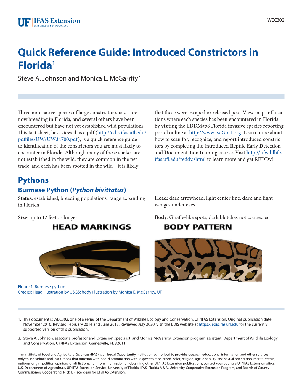 Quick Reference Guide: Introduced Constrictors in Florida1 Steve A