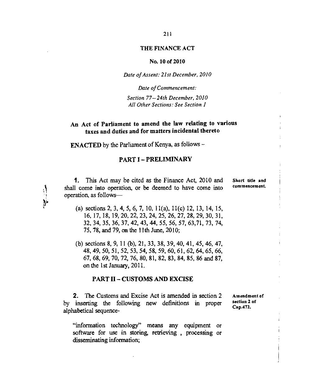 THE FINANCE ACT No. 10 of 2010 an Act of Parliament to Amend the Law