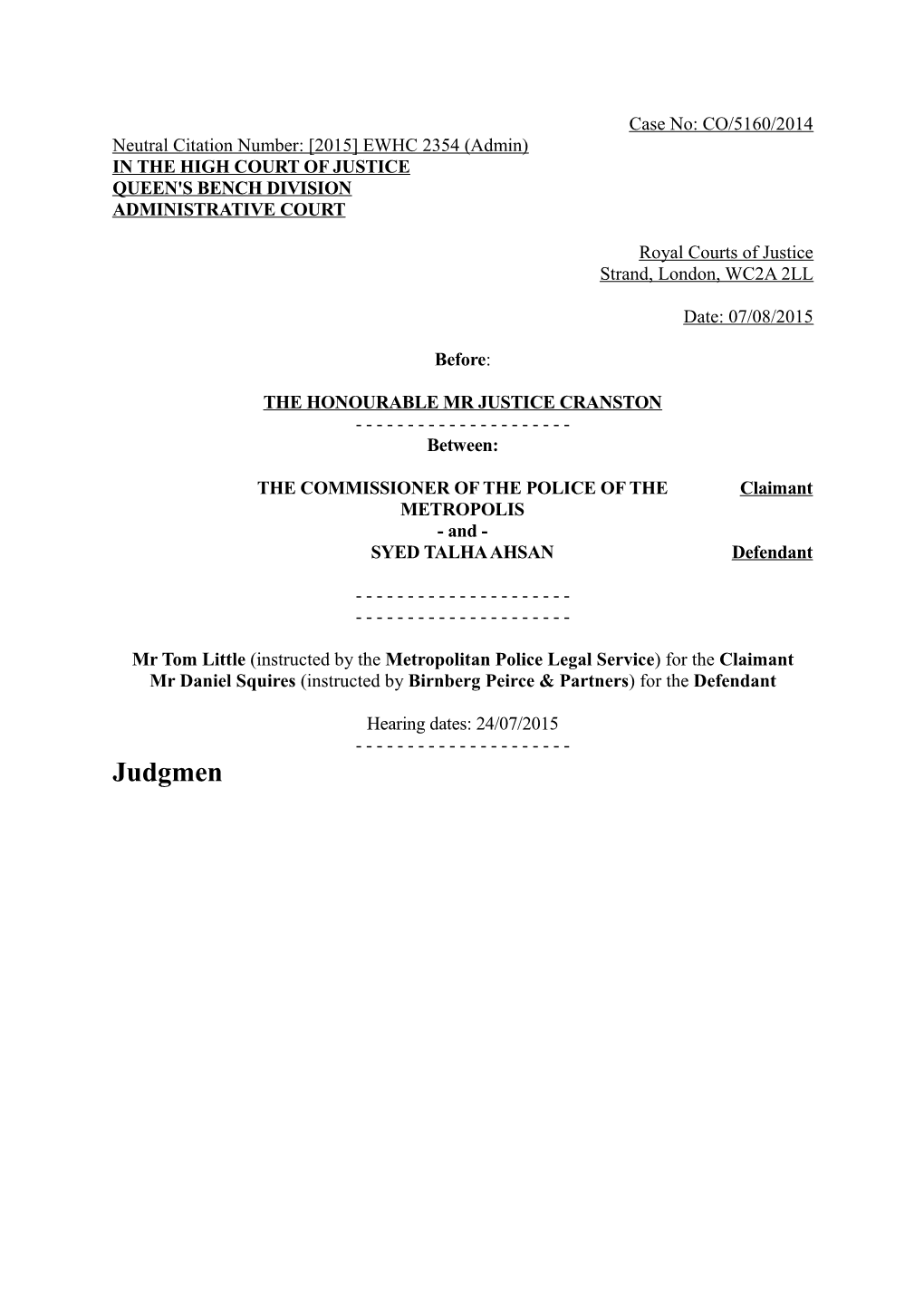 High Court Judgment Template