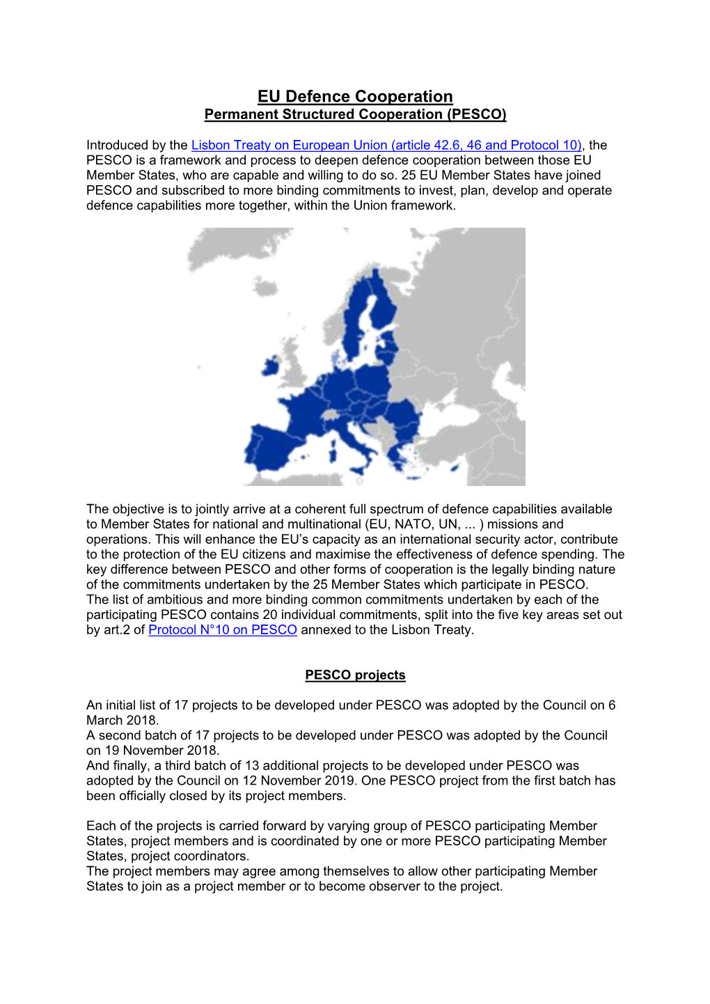 EU Defence Cooperation Permanent Structured Cooperation (PESCO)