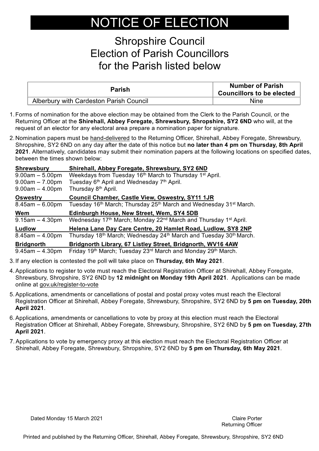 NOTICE of ELECTION Shropshire Council Election of Parish Councillors for the Parish Listed Below