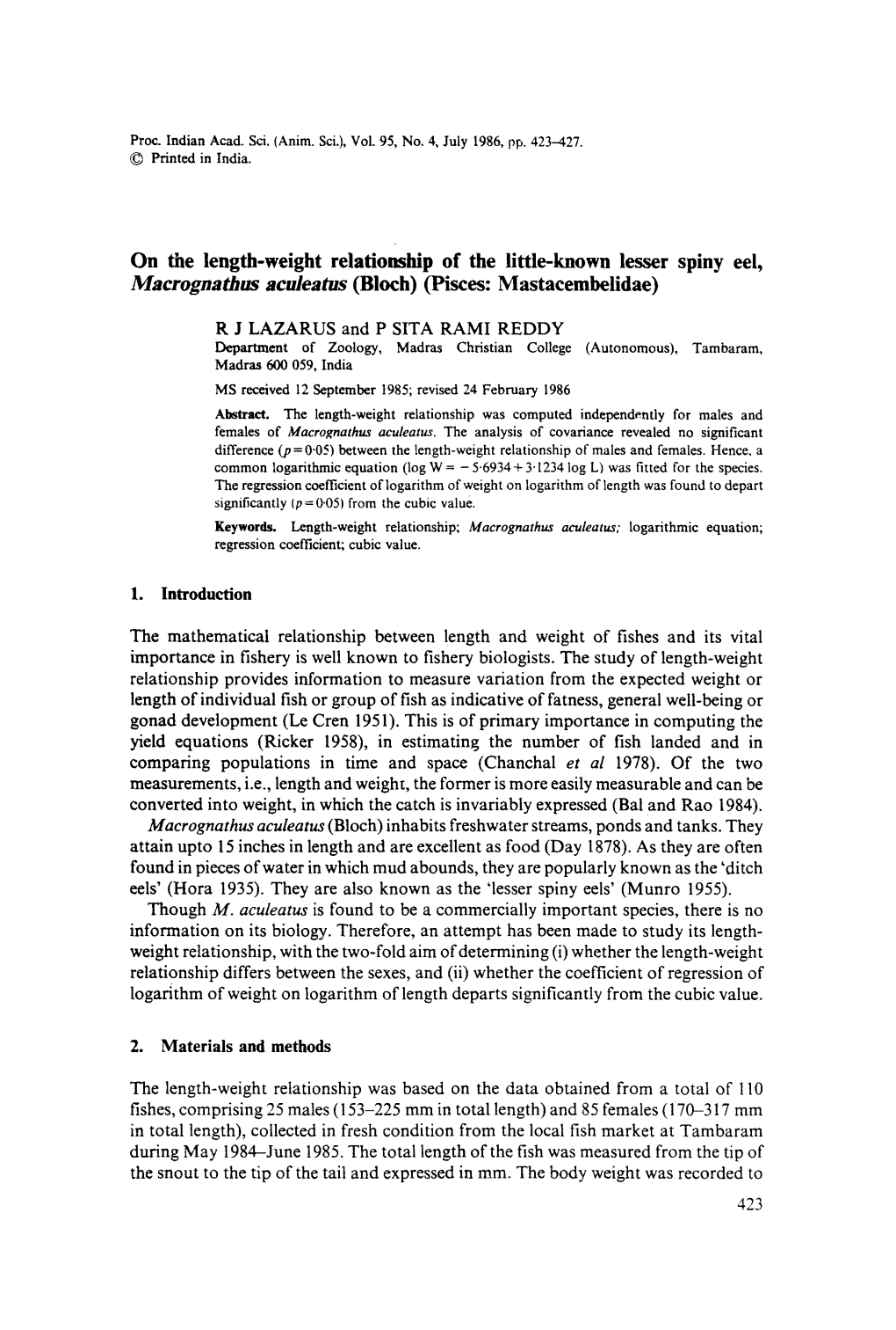 On the Length-Weight Relationship of the Little-Known Lesser Spiny Eel, Macrognathus Aculeatus (Bloch) (Pisces: Mastacembelidae)