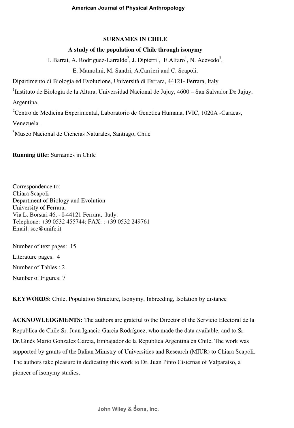 SURNAMES in CHILE a Study of the Population of Chile Through