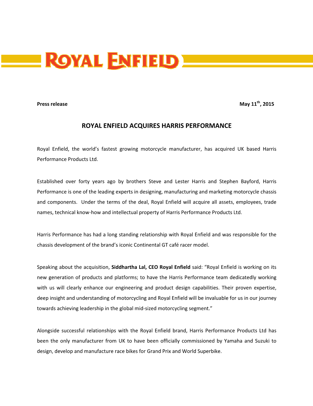 Royal Enfield Acquires Harris Performance