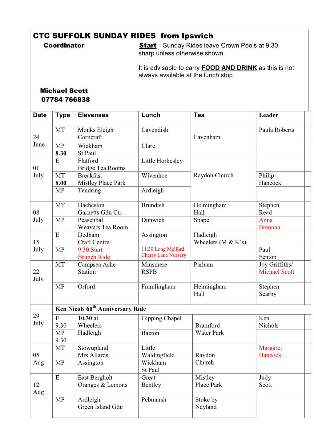 CTC SUFFOLK SUNDAY RIDES from Ipswich Coordinator Start Sunday Rides Leave Crown Pools at 9.30 Sharp Unless Otherwise Shown