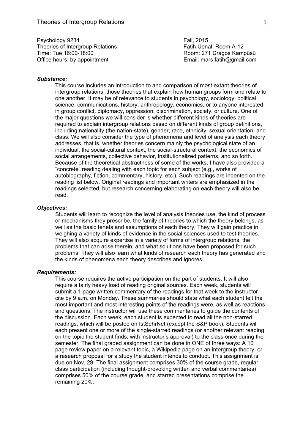 Syllabus Theories Intergroup Relations