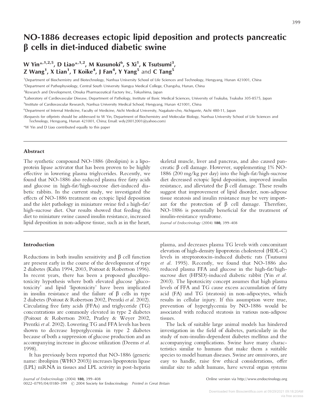 NO-1886 Decreases Ectopic Lipid Deposition and Protects Pancreatic  Cells in Diet-Induced Diabetic Swine