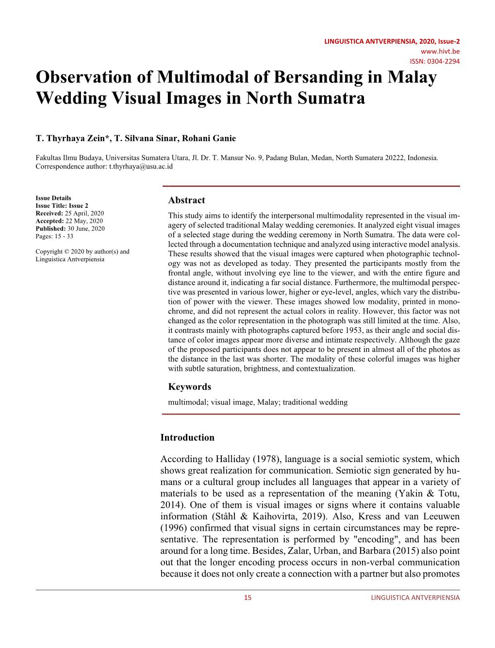 LINGUISTICA ANTVERPIENSIA, 2020, Issue-2 ISSN: 0304-2294 Observation of Multimodal of Bersanding in Malay Wedding Visual Images in North Sumatra